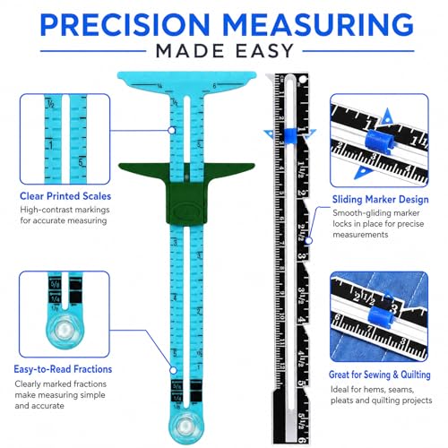 Sewing Gauge Measuring Tool Set, 5-in-1 Sliding Marker & Seam Gauge Ruler | Acrylic T-Shaped Quilting Ruler Set, Essential Sewing & Quilting Tools for Hemming, Buttonhole Marking & Crafting 5Pcs Blue - color: Blue