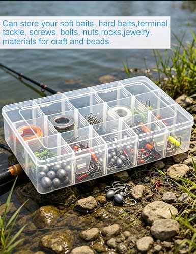 Hlotmeky Plastic Organizer Box with Dividers Bead Organizer 15 Large Grids Tackle box Organizer Clear Snackle Box Container
