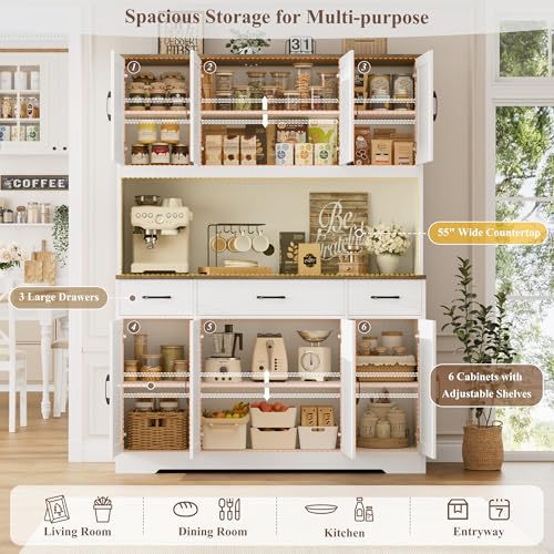 HOSTACK 71" Tall Kitchen Pantry Storage Cabinet, 55" W Kitchen Hutch, White | Large Pantry Cabinet with Charging Station / Countertop / 3 Drawers, Farmhouse Hutch Cabinet with Storage for Dining Room - color: White