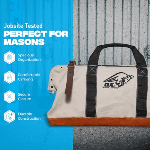 OX Canvas Tool Bag - 24 Inch Masonry Tool Bag - Heavy Duty Leather Straps