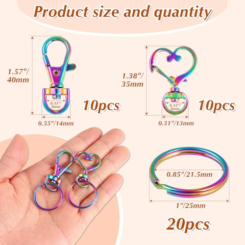 40 PCS Rainbow Swivel Clasps with Split Key Rings-Heart Snap Hook - color: Rainbow Clasps Keychain -20sets