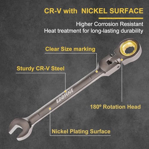 Egofine 6mm Ratchet Wrench Flex Head, 6mm Wrench Ratcheting Combination Wrenches Metric, Industrial Grade Gear Spanner with 12 Point Box End, 72-Teeth Ratchet Nickel Plating, Chrome Vanadium Steel - size: 6mm