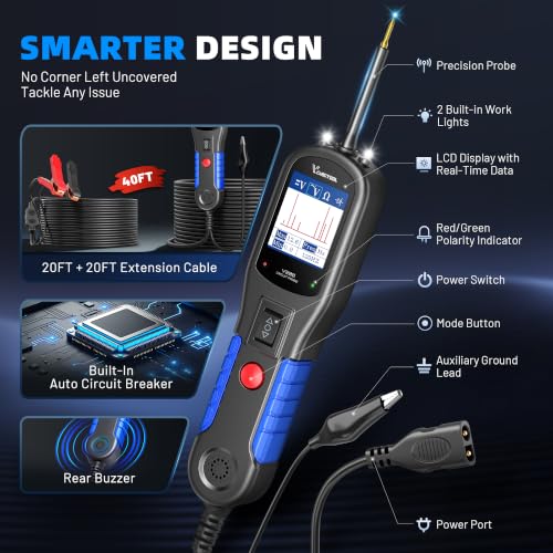 VDIAGTOOL V200 Automotive Circuit Tester, Power Circuit Probe Tester Kit, 12V-24V Short/Open Circuit Finder, AC/DC Diode Resistance Relay Fuse Component Test, Digital Voltmeter Ohmmeter, 40FT Cables
