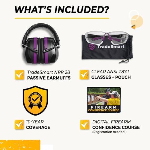 TradeSmart Shooting Ear Protection for Gun Range, NRR 28 Earmuffs & Eyewear - color: Clear Glasses - Purple