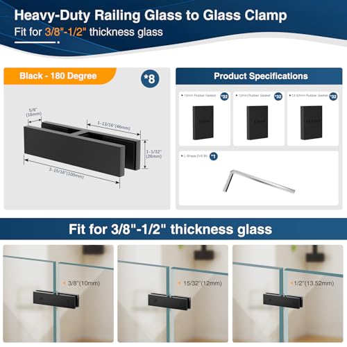 8 Pack Matte Black Railing Glass to Glass Clamp, 180 Degree Double Sided Stainless Steel T304 Railing Glass Bracket Clip Holder with Rubber Gaskets for Indoor Outdoor Coastal Balustrade - size: 8 Pack, style: 180 Degree