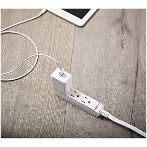 Amazon Basics 3-Prong Indoor Rectangle Extension Cord Power Strip, Flat Plug, Space-Saving, Grounded, 3 Outlets, 13 Amps, 125 VAC, 3 ft, White, 2-Pack - size: 3 ft