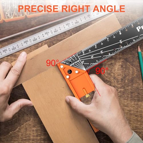 12” Woodworking Square Ruler - Preciva Right Angle Ruler Carpenter Square Layout Tool, Features Stainless Steel Blade, Retractable Ledge, 1/16” and 1/32” Notch Spacing and Multi-Angle Scribe Mark - style: 12 IN