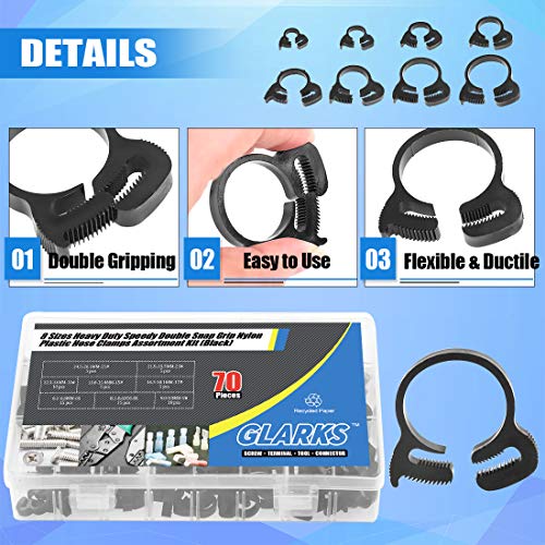 Glarks 70Pcs 8 Size Heavy Duty Black Double Gripping Nylon Hose Clamps Set, 6.6-27.2mm Plastic Snap Ratcheting Clamps Assortment Kit (Black 70Pcs)