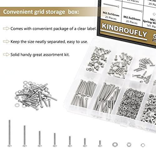 562 Pieces M2.5 x 4/6 /8/10 /12/16 /20mm Phillips Pan Head Machine Screws Nuts Washers Assortment Kit, 304 Stainless Steel, Fully Machine Thread - size: M2.5