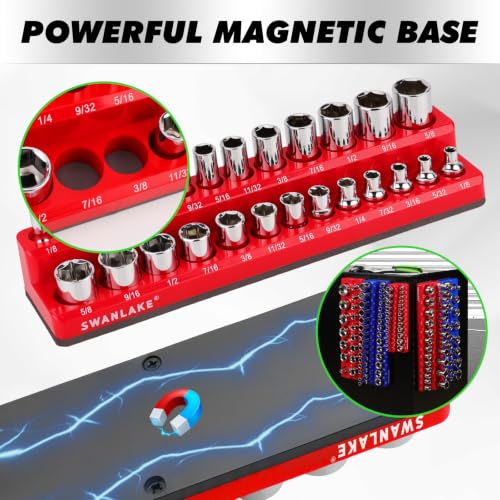 8-Piece Magnetic Socket Organizer Set, SAE & Metric Socket Holders for 1/4", 3/8", 1/2" Drive, Holds 199 Sockets, Rubber-Coated Toolbox Storage Trays, Blue and Red Tool Box Organizer - style: 8PCS Red/Blue