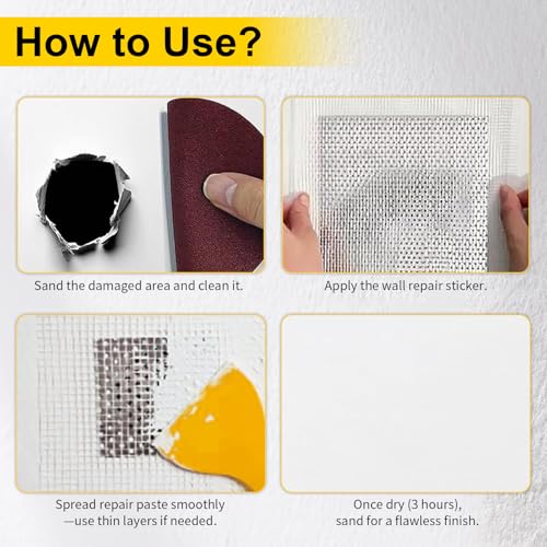 6/8/10/12 Inch Drywall Repair Kit, 6PCS Heavy Duty Self-Adhesive Mesh Patch Kit for Large Holes - Includes Scraper & Sandpapers, Ideal for Drywall, Sheetrock, Wall and Ceiling Repairs