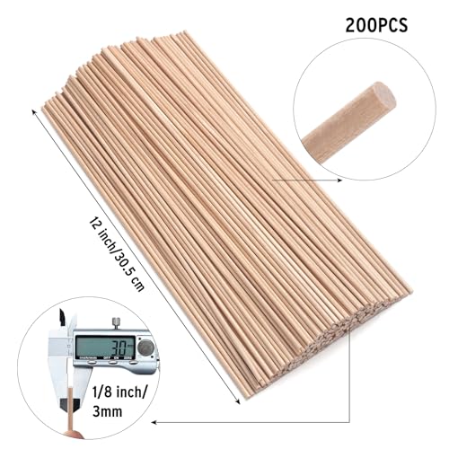 Wooden Sticks Wooden Dowels for Crafts 1/8 x 12, 200 PCS Small Round Wood Dowel Rods, Wood Sticks for Crafting, Unfinished Hardwood Birch Sticks for Tiered Cake Dowels, Flower Bouquet, Popsicle - size: 1/8"×12"-200PCS