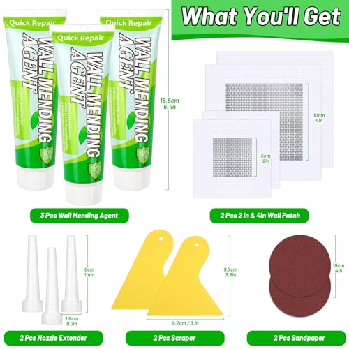 Mckanti 3 Pcs Drywall Repair Kit, Spackle Wall Repair Kit with 4 Pcs Drywall Patch, Sandpaper, Scraper for Wall Repair - color: 3 Pack Wall Spackle