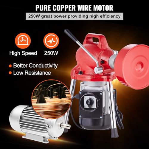 VEVOR Drain Cleaner Machine 66FT x 5/8 Inch, 250W Electric Sewer Snake Auger with 2 Sectional Steel Cables (66' x 5/8" and 15' x 3/8"), 7 Cutters and CW/CCW Control for 1.6" to 4" Pipes - style: 66Ft x 5/8Inch & 7 Cutters