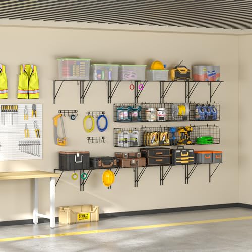 ThreeHio 2 Pack Garage Shelves Wall Mounted with Wire Baskets, Heavy Duty Garage Wall Shelving with Hooks, Wire Shelf Baskets Tool Organizer for Home Garden Garage Organization and Storage