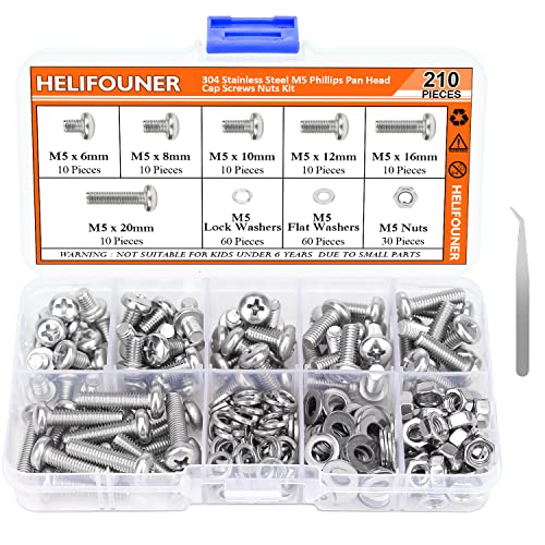 HELIFOUNER 210 Pieces M5 x 6mm /8mm /10mm /12mm /16mm /20mm, Phillips Pan Head Machine Screws, Metric Screws Bolts Washers Nuts Kit, 304 Stainless Steel - size: M5