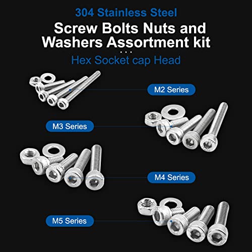NINDEJIN Black & Silver Hex Socket Head Screws Bolts Nuts and Flat Washer Assortment Kit(Hex Socket Flat/Button/Cap Head) (580Pcs Hex Button Head Socket Screws Nuts) - size: 580 Hex Cap Head Socket Screws Nuts