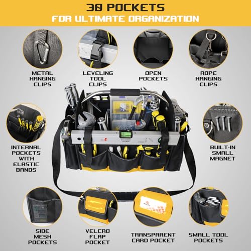 18 Inch Open Top Tool Bag, Tool Bags for Men with 30 Pockets, 1680D Waterproof Fabric, Foldable Electrician Tool Bag with Rotating Handle, Reflective Tool Organizer for Men, Yellow - color: Black-Yellow
