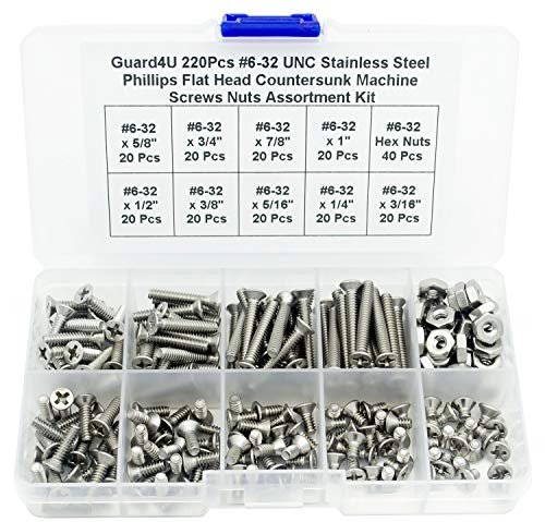 220Pcs #6-32 UNC Stainless Steel Phillips Flat Head Countersunk Machine Screws Nuts Assortment Kit- #6-32x 3/16" 1/4" 5/16" 3/8" 1/2" 5/8" 3/4" 7/8" 1" - size: #6-32