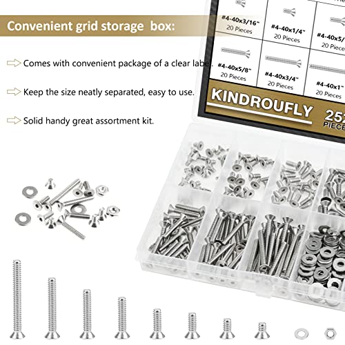 252 Pieces #4-40 x 3/16", 1/4", 5/16", 3/8", 1/2", 5/8", 3/4", 1", Countersunk Head Socket Cap Screws Nuts Washers Assortment Kit, 304 Stainless Steel, Fully Machine Thread - size: #4-40, style: Countersunk Head