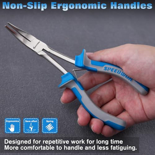 SPEEDWOX Long Reach Bent Nose Pliers 6 Inches 45 Degree Curved Mini Chain Nose Smooth Tapered Jaws Precision Fine Pliers for Hard to Reach Narrow Spaces High Leverage Reduce Efforts Non-slip Handle - style: Bent Nose Pliers