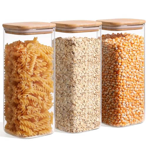 ComSaf Glass Storage Containers with Lids 1.9 Qt, Set of 3 Food Storage Jar | Pantry Storage Containers, Glass Jar, Square Canisters, Bamboo Lid with Silicone Seal, Cookie, Cereal, Coffee, Oats, BPA Free - size: 1.9Qt*3