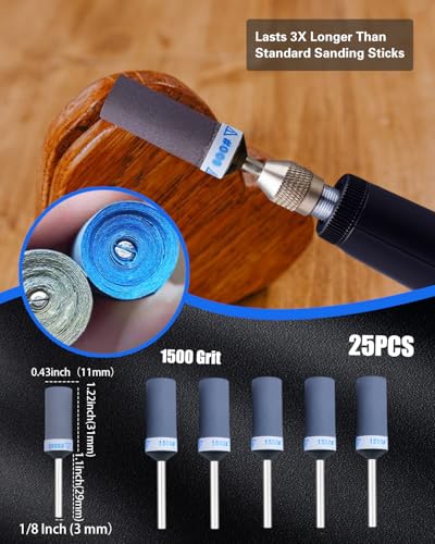 1500 Grit Sanding Drums for Dremel Rotary Tools Accessories, 25PCS Sanding Bits Kit for Dremel Sanding Bands with 1/8 inch Shank, Sandpaper Sticks Set for Plastic Wood Metal Grinding Polishing - style: 1500 Grit 25PCS