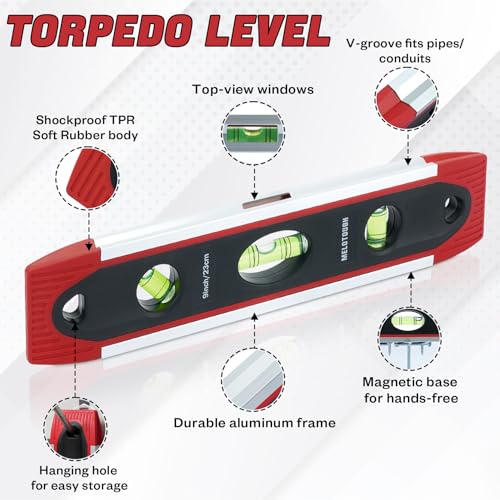 MELOTOUGH 9 Inch Torpedo Level Magnetic,Small Leveler Tool,Spirit Level with 45/90/180 Bubbles,V-Groove,Shock Resistant Leveler,Red - color: Red-1pcs