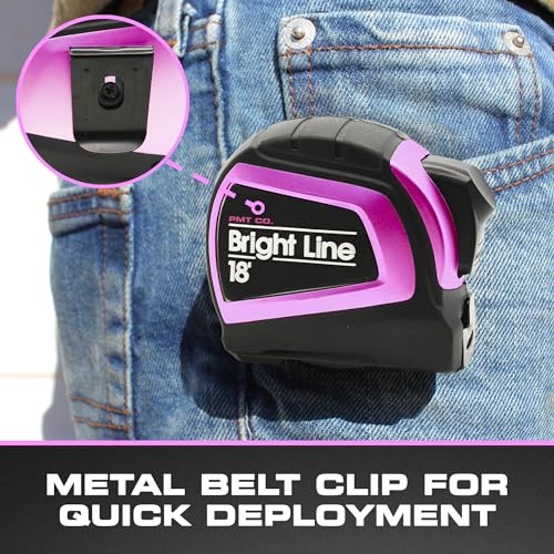 Perfect Measuring Tape - Pink BrightLine High Contrast EasyRead Tape Measure for Low Light (Dark Mode) - Rubber Case 18ft (Inch Fractions) Dual Sided Auto Lock Tape Measure Retractable (Pink) - color: Pink