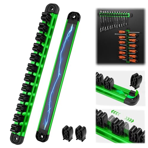 Magnetic Screwdriver Organizer and Wrench Organizer, 14-Slot Screwdriver and Wrench Holder, Magnetic Aluminum Rail Tool Organizer for Tool Box Drawer Wall-Mount Storage, Green (Tools not Included) - style: 1-Pack Green (14-Slot)