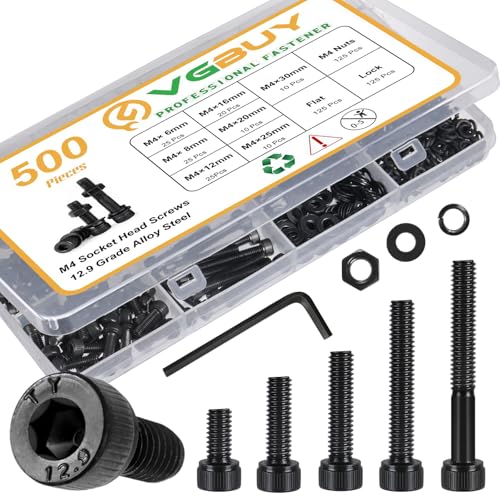 VGBUY 500Pcs M4 Screw Kit, Black M4 Screws (7 Sizes 6-30mm), Assorted Metric Nuts and Bolts Assortment Kit, Hex Socket Head Cap 6/8/12/16/20/25/30mm with Washer Nuts, 12.9 Grade - size: M4x6/8/12/16/20/25/30mm, style: Socket Head