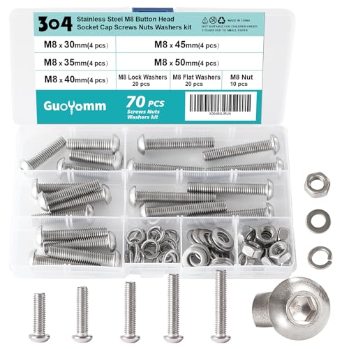 70 PCS M8 x 30mm 35mm 40mm 45mm 50mm, Button Head Socket Cap Screws Bolts Washers Nuts Assortment Kit, Stainless Steel 304, Metric Allen Hex Drive - size: Button M8x30/35/40/45/50 mm