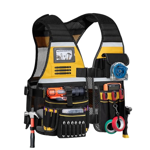 Electrician Tool Vest for Men, Carpenter Safety Work Vest - color: Black With Yellow