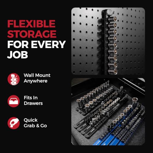 Olsa Tools 3/8-Inch Socket Organizer Rail with Locking Caps, Black - color: Black, size: 3/8-Inch Drive