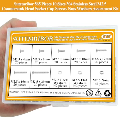 565 Pieces M2.5 Screws Nuts Washers Set, Sutemribor M2.5 x 4/6/8/10/12/16/20mm Countersunk Head Socket Cap Screws Nuts Washers Assortment Kit, 304 Stainless Steel, Fully Threaded - size: M2.5, style: Countersunk Head Socket Cap