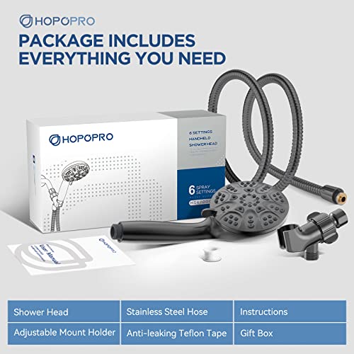 6-Mode High Pressure Handheld Shower Head Set, Consumer Reports Recommended HOPOPRO High Flow Hand Held Showerhead with 59 Inch Hose Bracket Teflon Tape Rubber Washers - color: Gray, style: 6 Modes