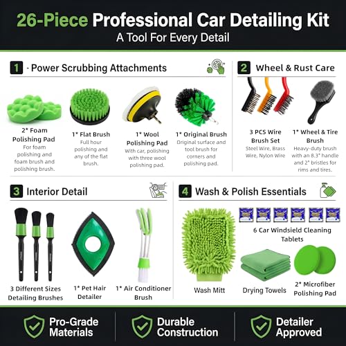 26Pcs Car Detailing Kit – Car Cleaning Kit, Drill Brush for Car Seats Detailing, Car Detailing Brush Set, Car Cleaning Supplies, Car Wash Mitt, Car Wash Brush, Car Wash Sponges, Wheel Brush