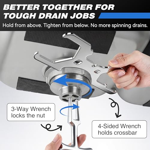 4 Sided Drain Strainer Wrench and 3 Way Plumbers Wrench Set, Heavy Duty Sink Drain Tool for Tub Removal, Basket Strainer Installation, Fits 1-3/4, 2, 2-1/2 Inch Nuts, with Silicone Putty