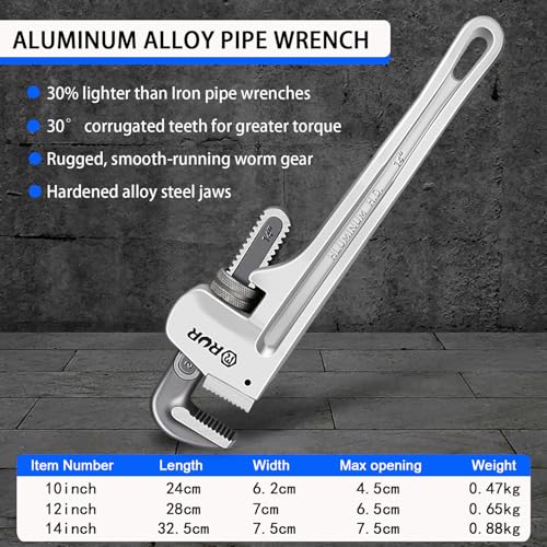 Verida Aluminum Pipe Wrench Set, 10", 12", 14", 3-piece, 40% Lighter, Reducing Hand Fatigue. Adjustable Plumbing Wrench Set, Wider Application Range - size: Aluminum 10/12/14 inch