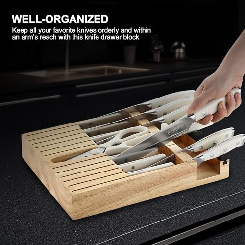 N NOBLE FAMILY In-drawer Knife Block Set, 16PCS Kitchen Knife Set with Wooden Block, Chopping Knives Set, Stainless Steel Knife Block Set, Sharp Cooking Knife Set with Cutting Board, Rust Proof, White - color: White