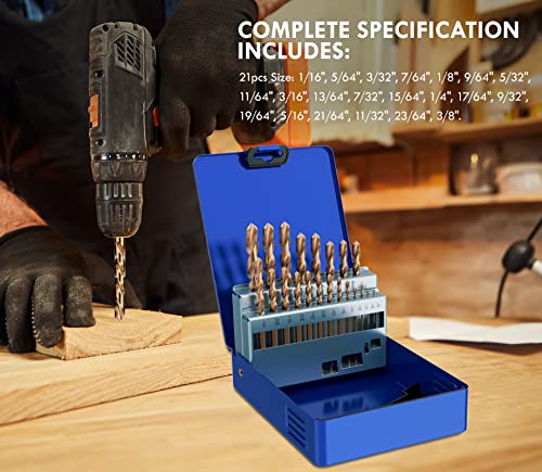 21Pcs(1/16"-3/8") Cobalt Drill Bit Set M35 HSS Jobber Length - size: 21pcs, 1/16"-3/8"