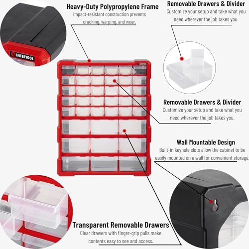 INTERTOOL Small Parts Organizer for Hardware & Screws | 39 Removable Bins with Dividers | Wall Mount or Desktop Craft & Lego Storage Cabinet | 19” x 15” x 6” BX08-4013 - style: 39 Drawers