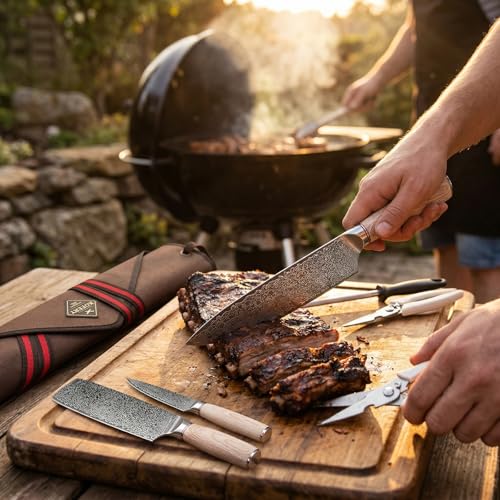 KOFERY Butcher Knife Set in Damascus Steel for Grill & Pit Masters - color: Natural-Wood