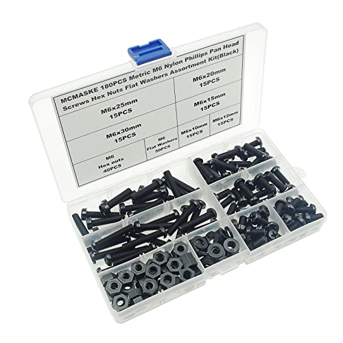 Metric M6 Phillips Pan Head Nylon Screws Nuts Flat Washers Assortment Kit, Screw Length:10mm to 30mm(Black) - size: M6