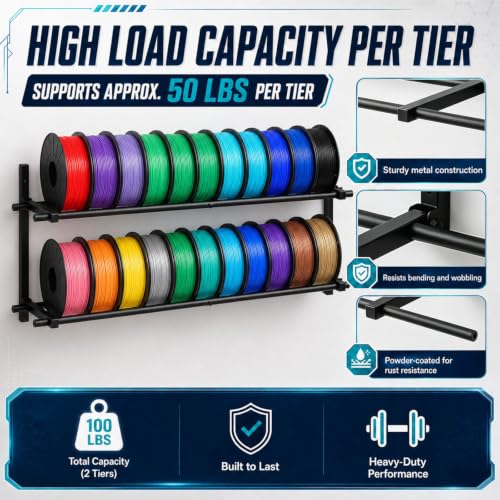3D Printer Filament Storage Rack Wall Mount, 2 Tier Foldable Metal Shelving with Adjustable Hole Spacing for TPU ABS Nylon, 3D Printer Accessories for Studio Garage Workshop