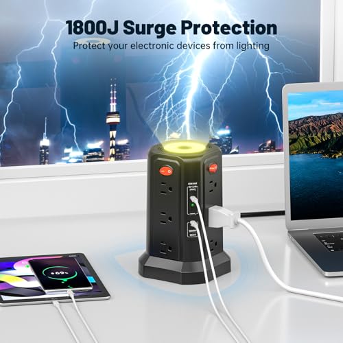 PASSUS Tower Surge Protector Power Strip with PD 65W USB C Port - color: Black-4C1A