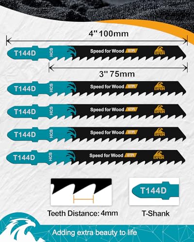 50pcs Jigsaw Blades T144D for Wood Cutting - Straight Cut, 4TPI T-Shank Jigsaw Blades - size: T144D