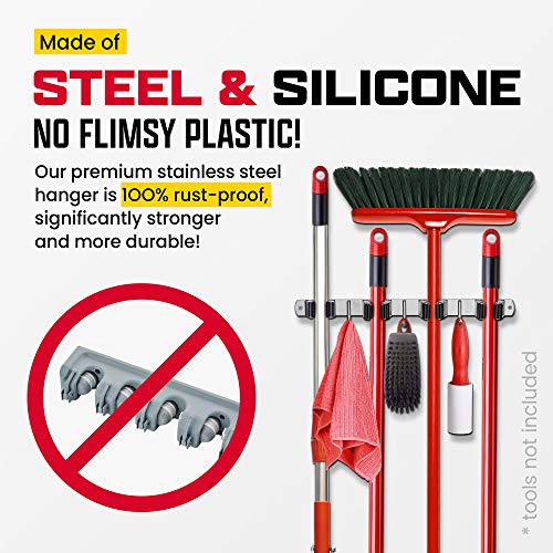 Wall Mount Hanger for Brooms & Mops - Adhesive Stainless Steel Mops & Broom Holder, 4 Clamps, 3 Hooks, & 5 Towel Hanger Clips Including Mounting Hardware for Utility Room Organization - color: 1 Pack - 4 Clamps