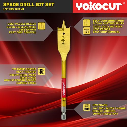 Spade Drill Bit Set, 6PCS Paddle Bits Set, 3/8"-1" Spade Bits with 1/4 Hex Shank, Wood Hole Cutter, Drill Bits for Wood - style: 6pcs Spade Bits Set 3/8"-1"