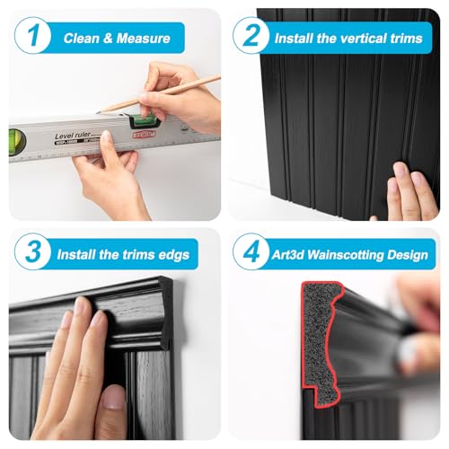 Art3d Beadboard Wainscoting Wall Panel Kit, 37.8 x 9.84 Inch, Matte Black | 12-Piece Panels + 4 Edge Trims, 31 Sq.Ft. Coverage, Lightweight, Water-Resistant, Easy to Trim, for Living Room, Bedroom - color: Matte Black